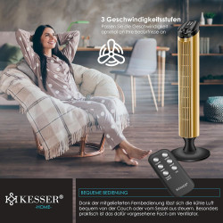 KESSER® Ventilateur de Tour Avec Télécommande | Angle d'Oscillation de 90° | 3 Niveaux | 90 cm | Fonction Minuterie et Turbo | C