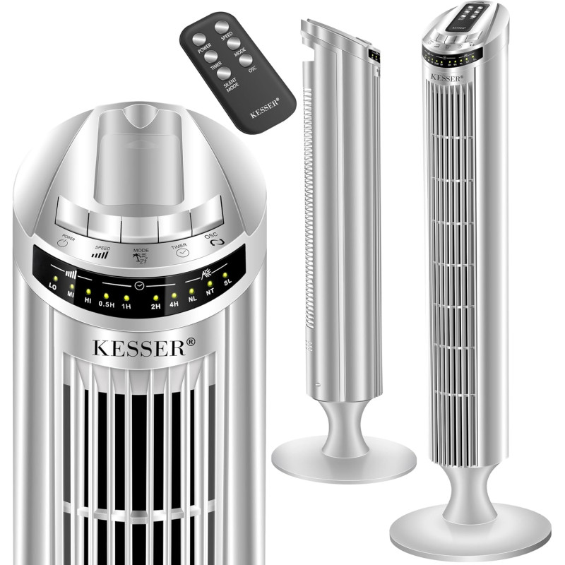 KESSER Ventilateur tour avec télécommande | Angle d'oscillation de 90° | 3 vitesses | 90 cm | + fonction minuterie | Fonction tu