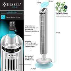 KESSER Ventilateur tour avec télécommande | Angle d'oscillation de 90° | 3 vitesses | 90 cm | + fonction minuterie | Fonction tu