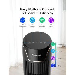 PELONIS Ventilateur Tour avec Télécommande - 5 Vitesses & 4 Modes (AI/Nuit/Nature) Minuterie 9H, Écran LED avec Mémoire - Économ