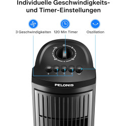 PELONIS 76 cm Ventilateur Tour Oscillant, 3 Vitesses, Minuterie 8H, Silencieux & Gain de Place pour Maison, Bureau (Noir)