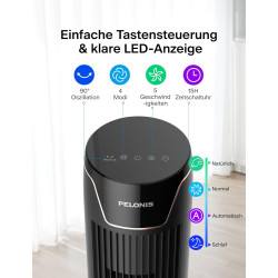 PELONIS Ventilateur Tour avec Télécommande - 5 Vitesses & 4 Modes (AI/Nuit/Nature) Minuterie 9H, Écran LED avec Mémoire - Économ