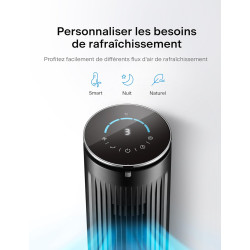 Pelonis Ventilateur Tour Silencieux, 4.2m/s avec Télécommande, Minuterie 9H, 4 Modes 5 Vitesses, Mode SMART, Écran LED pour Cham