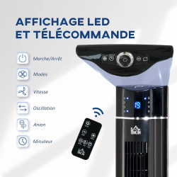 HOMCOM Ventilateur colonne silencieux 60 W, ventilateur tour pour chambre avec 3 modes 3 vitesses, télécommande, oscillant 60°, 