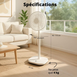 FLINQ Ventilateur sur Pied Silencieux - Ventilateur Colonne 180° Oscillation - 12 Vitesses - App & Télécommande - Ventilateur Pu