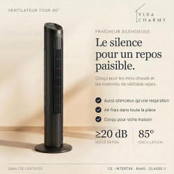 Ventilateur tour (102 cm), 20dB, vitesse pouvant atteindre 8 m/s, écran tactile LED, télécommande, 3 vitesses, minuterie 15 h, o
