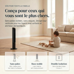 Ventilateur tour (102 cm), 20dB, vitesse pouvant atteindre 8 m/s, écran tactile LED, télécommande, 3 vitesses, minuterie 15 h, o
