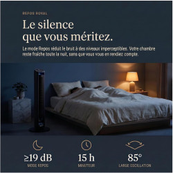 Ventilateur tour (107 cm), 19dB, vitesse pouvant atteindre 8,2 m/s, écran tactile LED, télécommande, 3 vitesses, minuterie 15 h,
