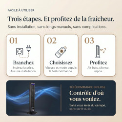 Ventilateur tour (107 cm), 19dB, vitesse pouvant atteindre 8,2 m/s, écran tactile LED, télécommande, 3 vitesses, minuterie 15 h,