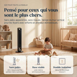 Ventilateur tour (107 cm), 19dB, vitesse pouvant atteindre 8,2 m/s, écran tactile LED, télécommande, 3 vitesses, minuterie 15 h,