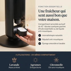 Ventilateur tour (107 cm), 19dB, vitesse pouvant atteindre 8,2 m/s, écran tactile LED, télécommande, 3 vitesses, minuterie 15 h,