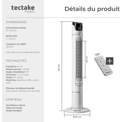 tectake® Ventilateur Colonne 110 cm, 3 modes et 3 vitesses, Fonction de minuterie, Ecran LED, Télécommande, Ventilateur Silencie
