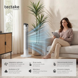 tectake® Ventilateur Colonne 90 cm, 3 modes et 3 vitesses, Fonction de minuterie, Ecran LED, Télécommande, Ventilateur Silencieu