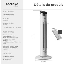 tectake® Ventilateur Colonne 90 cm, 3 modes et 3 vitesses, Fonction de minuterie, Ecran LED, Télécommande, Ventilateur Silencieu