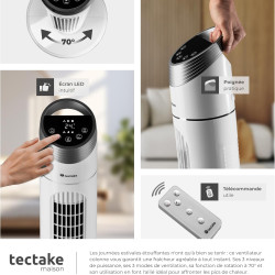 tectake® Ventilateur Colonne 90 cm, 3 modes et 3 vitesses, Fonction de minuterie, Ecran LED, Télécommande, Ventilateur Silencieu