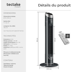 tectake® Ventilateur Colonne 90 cm, 3 modes et 3 vitesses, Fonction de minuterie, Ecran LED, Télécommande, Ventilateur Silencieu