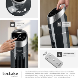 tectake® Ventilateur Colonne 90 cm, 3 modes et 3 vitesses, Fonction de minuterie, Ecran LED, Télécommande, Ventilateur Silencieu