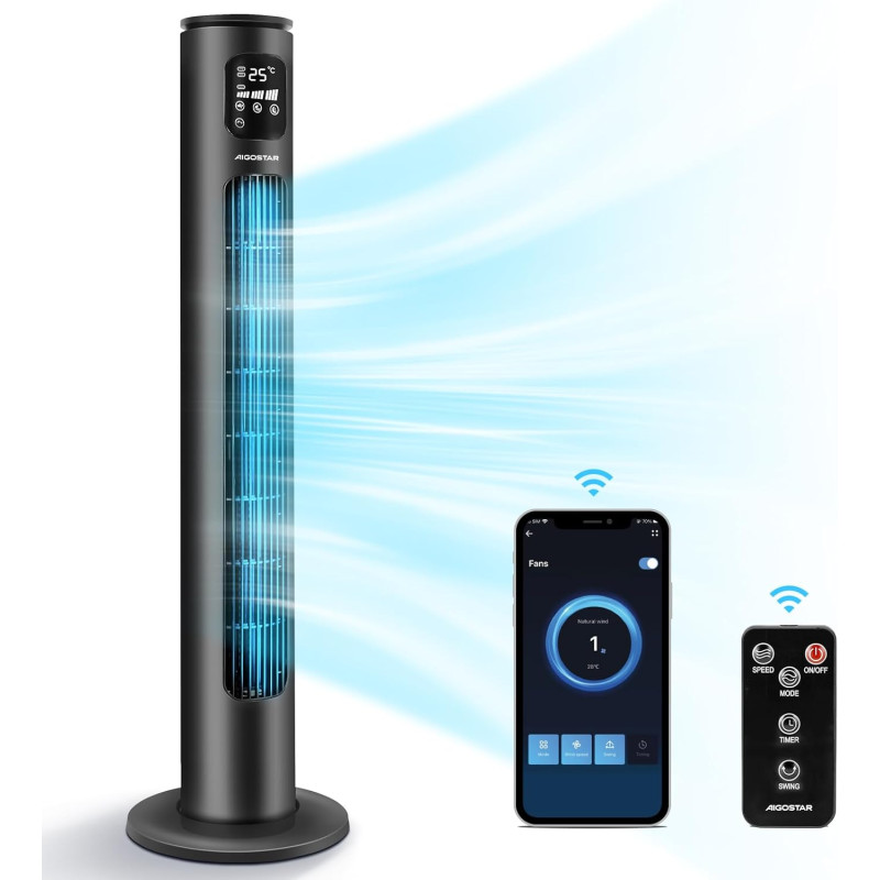 Aigostar smart ross - ventilateur tour intelligent avec télécommande(97cm). oscillation 70°, silencieux, ecran led wifi + bleuto