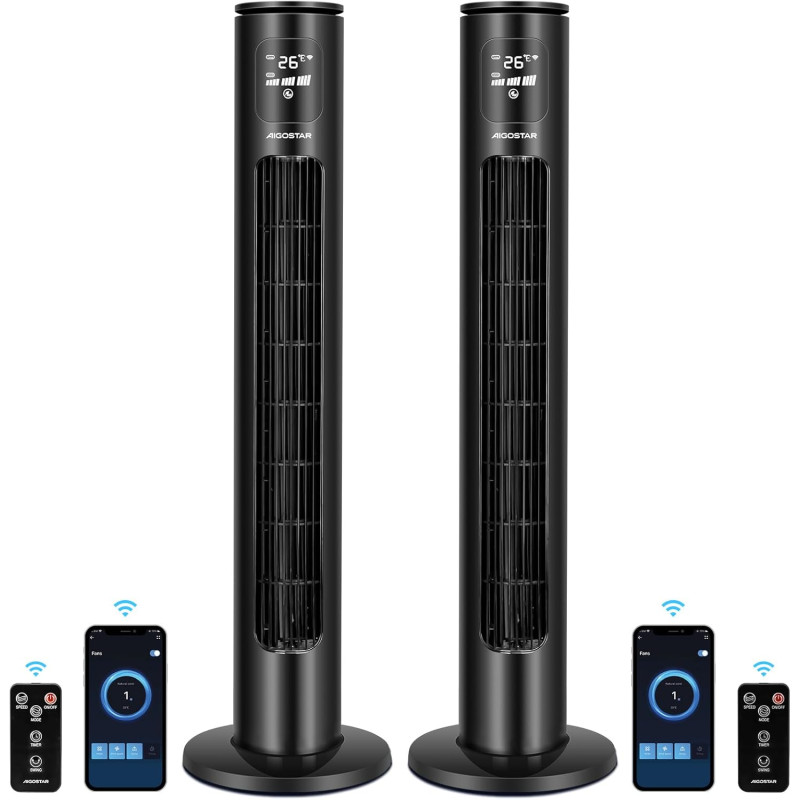Aigostar ventilateur colonne intelligent avec télécommande(97cm). oscillation 70°, silencieux, ecran led wifi + bleutooth, 50w. 