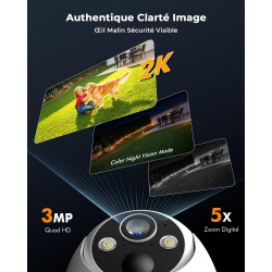 2K Camera Surveillance WiFi Exterieure sans Fil, 360° PTZ et Énergie Solaire, Caméra Solaire Batterie 2,4 G, Double Antenne Visi