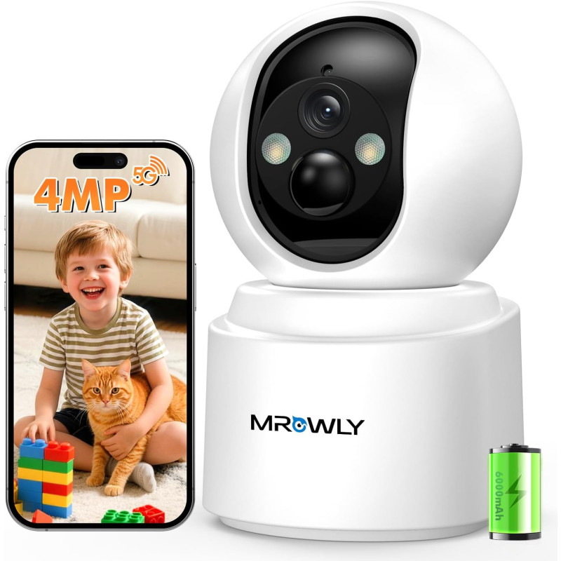 2.5K(4MP) Camera Surveillance WiFi Interieur sans Fil, 360° Caméra Interieur Batterie 6000mAh, 2.4G/5GHz, Vision Nocturne, Détec