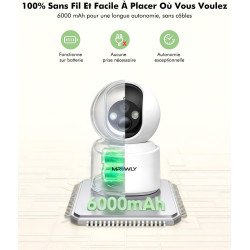 2.5K(4MP) Camera Surveillance WiFi Interieur sans Fil, Pan/Tilt Batterie 6000mAh, 2.4G/5GHz, Vision Nocturne, Détecteur PIR, Aud