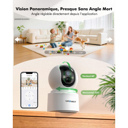 2.5K(4MP) Camera Surveillance WiFi Interieur sans Fil, Pan/Tilt Batterie 6000mAh, 2.4G/5GHz, Vision Nocturne, Détecteur PIR, Aud