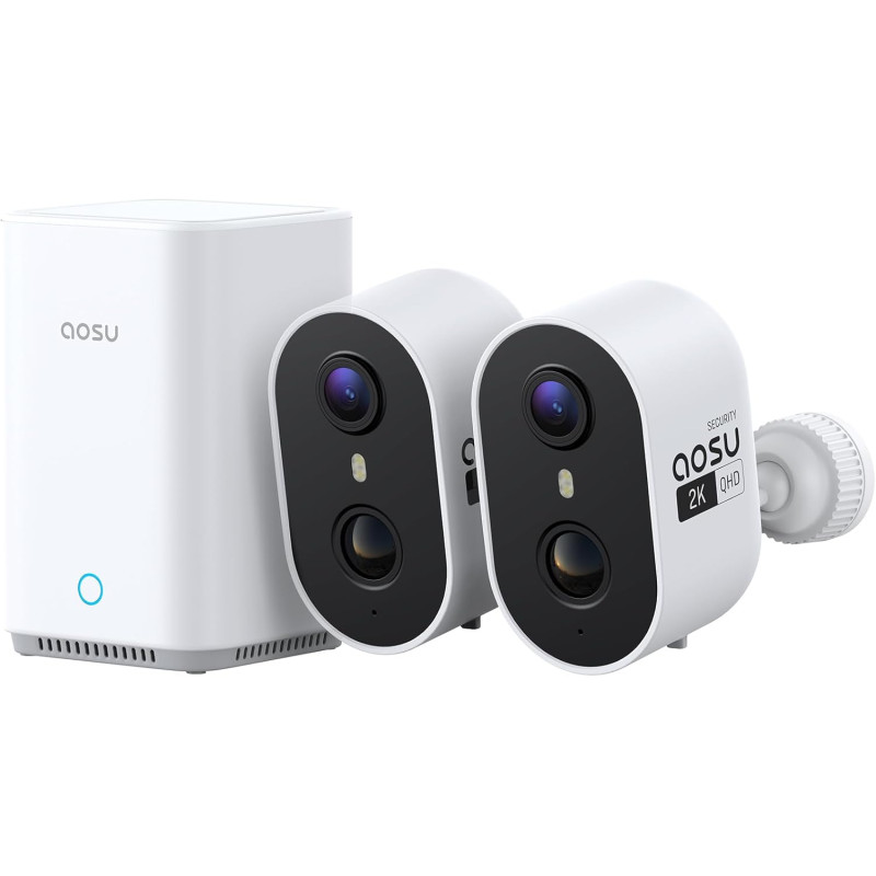aosu 2K Caméra Surveillance WiFi Extérieure Intérieur sans Fil, Kit 2 Caméras avec aosuBase 2.0 Stockage Local, sans Abonnement,