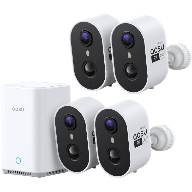 aosu 2K Caméra Surveillance WiFi Extérieure Intérieur sans Fil, 4 Cam Kit & 2.0 aosuBase, sans Abonnement, Extensible à 1 to, AI