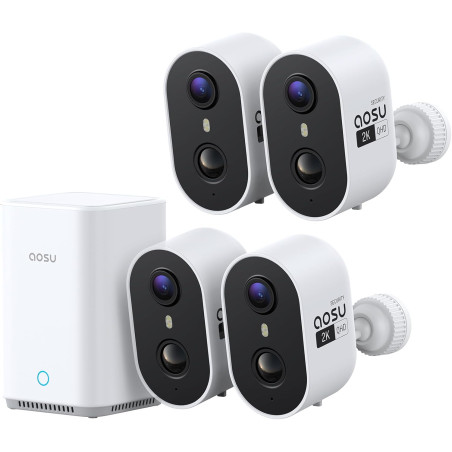 aosu 2K Caméra Surveillance WiFi Extérieure Intérieur sans Fil, 4 Cam Kit & 2.0 aosuBase, sans Abonnement, Extensible à 1 to, AI