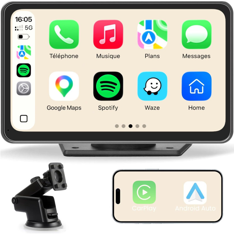 Carplay voiture, portable autoradio carplay & android auto sans fil, stéréo de voiture 7 pouces écran tactile avec gps navigatio