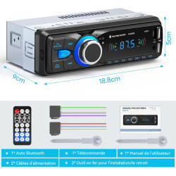Autoradio bleutooth, wistrue poste radio voiture bleutooth avec main libre, fm 1 din autoradio avec port de charge usb (2.1a), l
