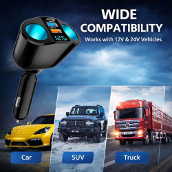 Double Prise Allume Cigare 12V, 120W Multiprise Allume Cigare QC3.0/PD/2.4A,Chargeur Voiture Allume Cigare USB avec Voltmètre LE