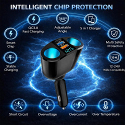 Double Prise Allume Cigare 12V, 120W Multiprise Allume Cigare QC3.0/PD/2.4A,Chargeur Voiture Allume Cigare USB avec Voltmètre LE