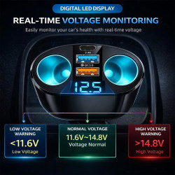 Double Prise Allume Cigare 12V, 120W Multiprise Allume Cigare QC3.0/PD/2.4A,Chargeur Voiture Allume Cigare USB avec Voltmètre LE