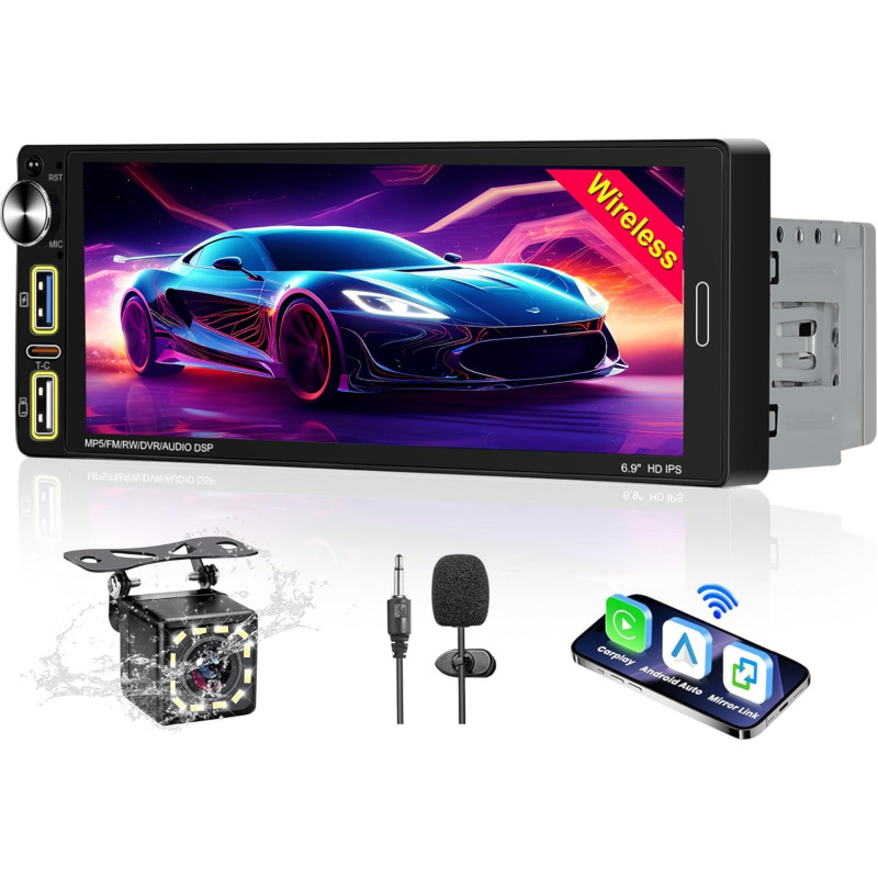 Autoradio 1 din bleutooth autoradio car play voiture avec sans fil car play & android auto,6.9 pouces hd écran tactile,radio fm/