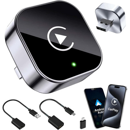 Adaptateur Carplay sans Fil & Android Auto sans Fil 2 en 1 Mini (Version 2026) – Plug & Play, reconnexion Rapide, 3 Accessoires 