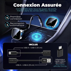 Adaptateur Carplay sans Fil & Android Auto sans Fil 2 en 1 Mini (Version 2026) – Plug & Play, reconnexion Rapide, 3 Accessoires 