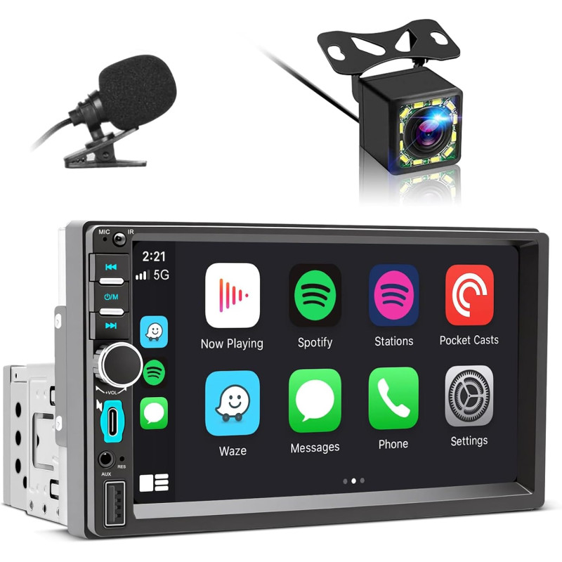 Autoradio 1 din bleutooth autoradio car play voiture avec sans fil carplay & android auto, 7 pouces hd écran tactile, fm, mic, u