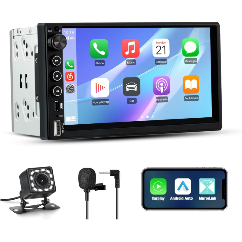 Junsun autoradio 2 din universel avec écran tactile, carplay & android auto sans fil, bleutooth, gps, fm, usb, type-c, commandes