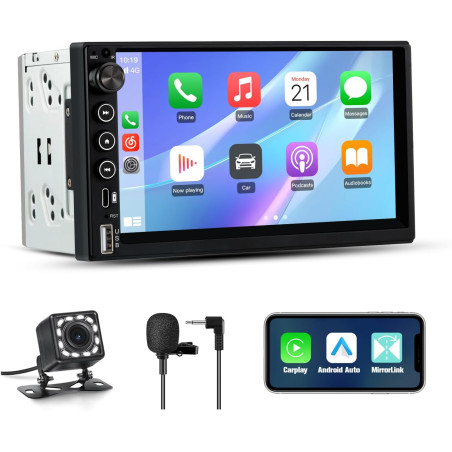 Junsun autoradio 2 din universel avec écran tactile, carplay & android auto sans fil, bleutooth, gps, fm, usb, type-c, commandes