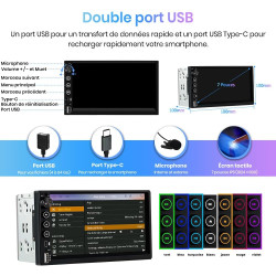 Junsun autoradio 2 din universel avec écran tactile, carplay & android auto sans fil, bleutooth, gps, fm, usb, type-c, commandes