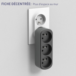 Electraline 531201 Adaptateur Fiche Multiprise Triplite Prima 3 Prises françaises 16A (2P+T), Adaptateur Murale, Noir/Gris