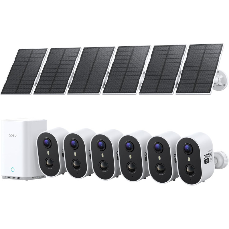 aosu 2K Caméra Surveillance WiFi Extérieure sans Fil Solaire, 6 Caméras Kit & aosuBase 2.0, sans Abonnement, Local Extensible Ju