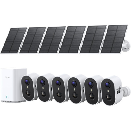 aosu 2K Caméra Surveillance WiFi Extérieure sans Fil Solaire, 6 Caméras Kit & aosuBase 2.0, sans Abonnement, Local Extensible Ju