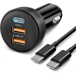 70W Chargeur Allume Cigare USB C, 3-Port Prise Téléphone Chargeur Rapide Voiture+1M USB-C Câble pour iPhone 17e 17 16 16e 15 Pro