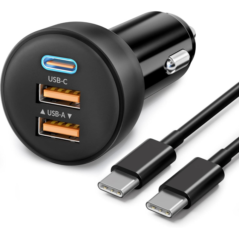 70W Chargeur Allume Cigare USB C, 3-Port Prise Téléphone Chargeur Rapide Voiture+1M USB-C Câble pour iPhone 17e 17 16 16e 15 Pro