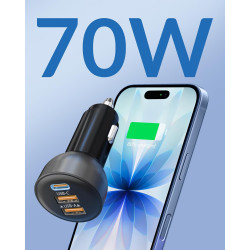 70W Chargeur Allume Cigare USB C, 3-Port Prise Téléphone Chargeur Rapide Voiture+1M USB-C Câble pour iPhone 17e 17 16 16e 15 Pro