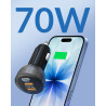 70W Chargeur Allume Cigare USB C, 3-Port Prise Téléphone Chargeur Rapide Voiture+1M USB-C Câble pour iPhone 17e 17 16 16e 15 Pro