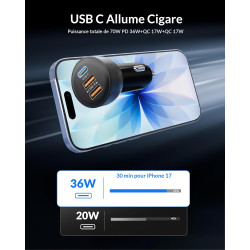 70W Chargeur Allume Cigare USB C, 3-Port Prise Téléphone Chargeur Rapide Voiture+1M USB-C Câble pour iPhone 17e 17 16 16e 15 Pro